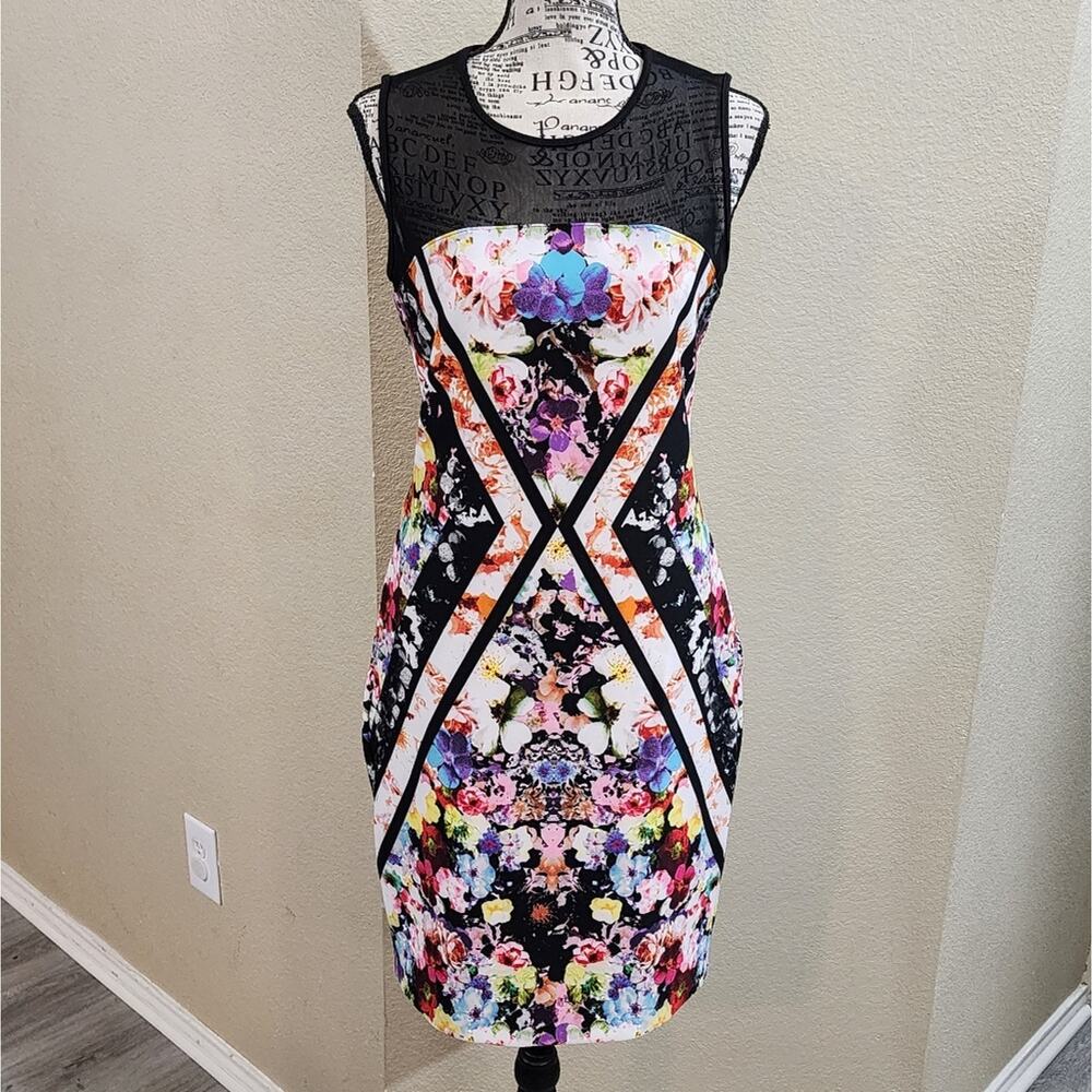 BOSTON PROPER floral mesh midi bodycon dress size 4 small